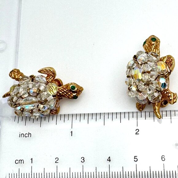 Turtle 50s Clip-On Earrings Gold Tone Green Clear Rhinestone Vintage Design - Picture 2 of 8
